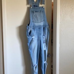 Blue spice distressed overalls